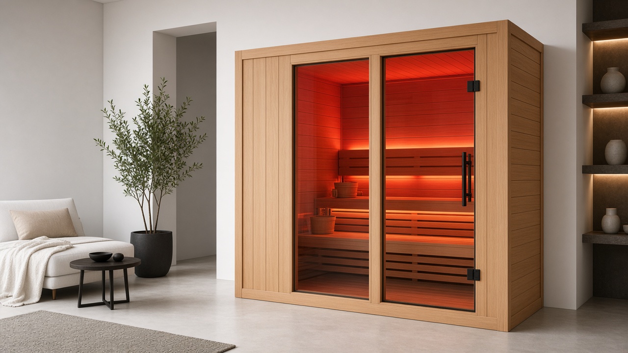 Hemlock wood infrared sauna cabin in a spa-style room